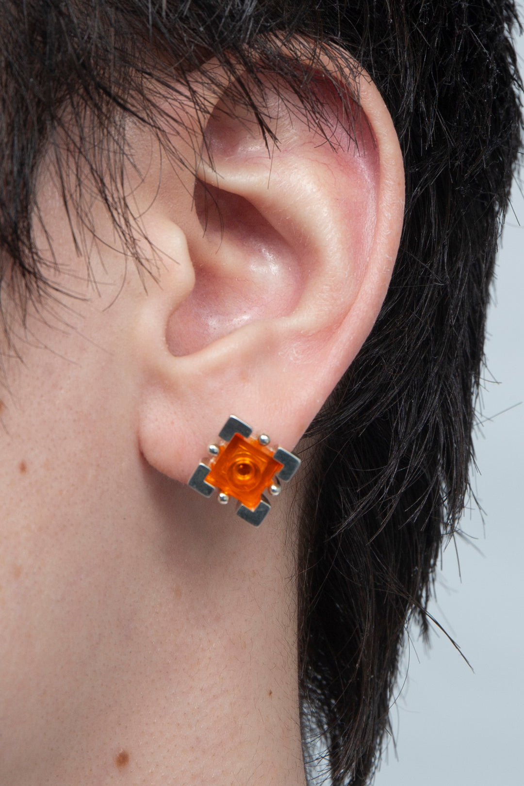 Square colorblock pierced earring clear orange