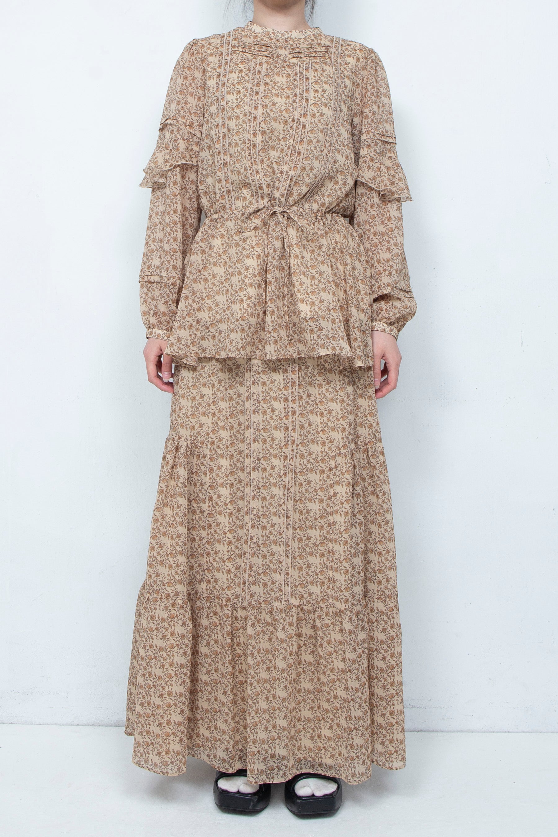2-WAY CRINKLE TUCK RUFFLE HIGH WAIST MAXI SKIRT (FLORAL)／ritsu