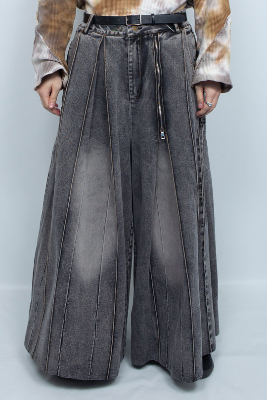 Pleated zipper wide leg ronin pants