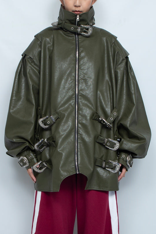 Dark green iron buckle silhouette retro leather jacket