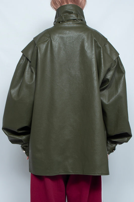 Dark green iron buckle silhouette retro leather jacket