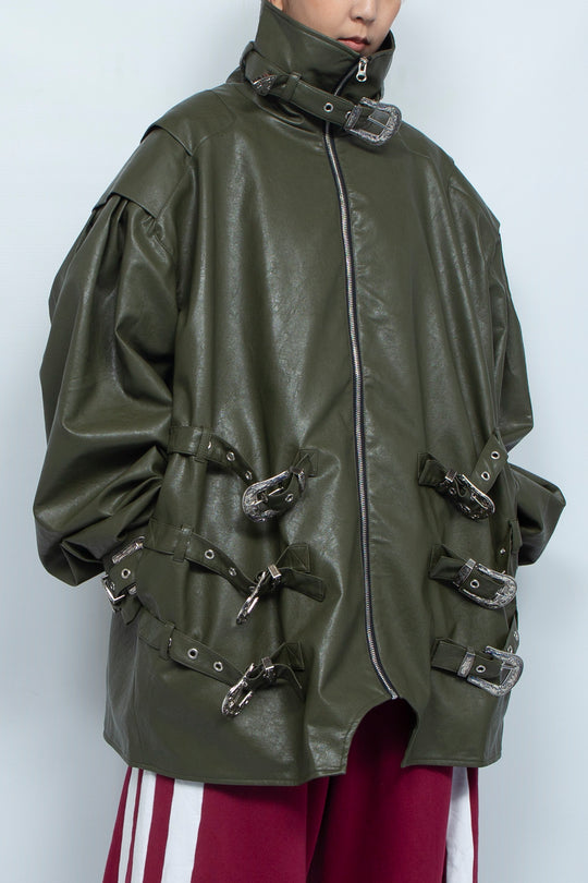 Dark green iron buckle silhouette retro leather jacket