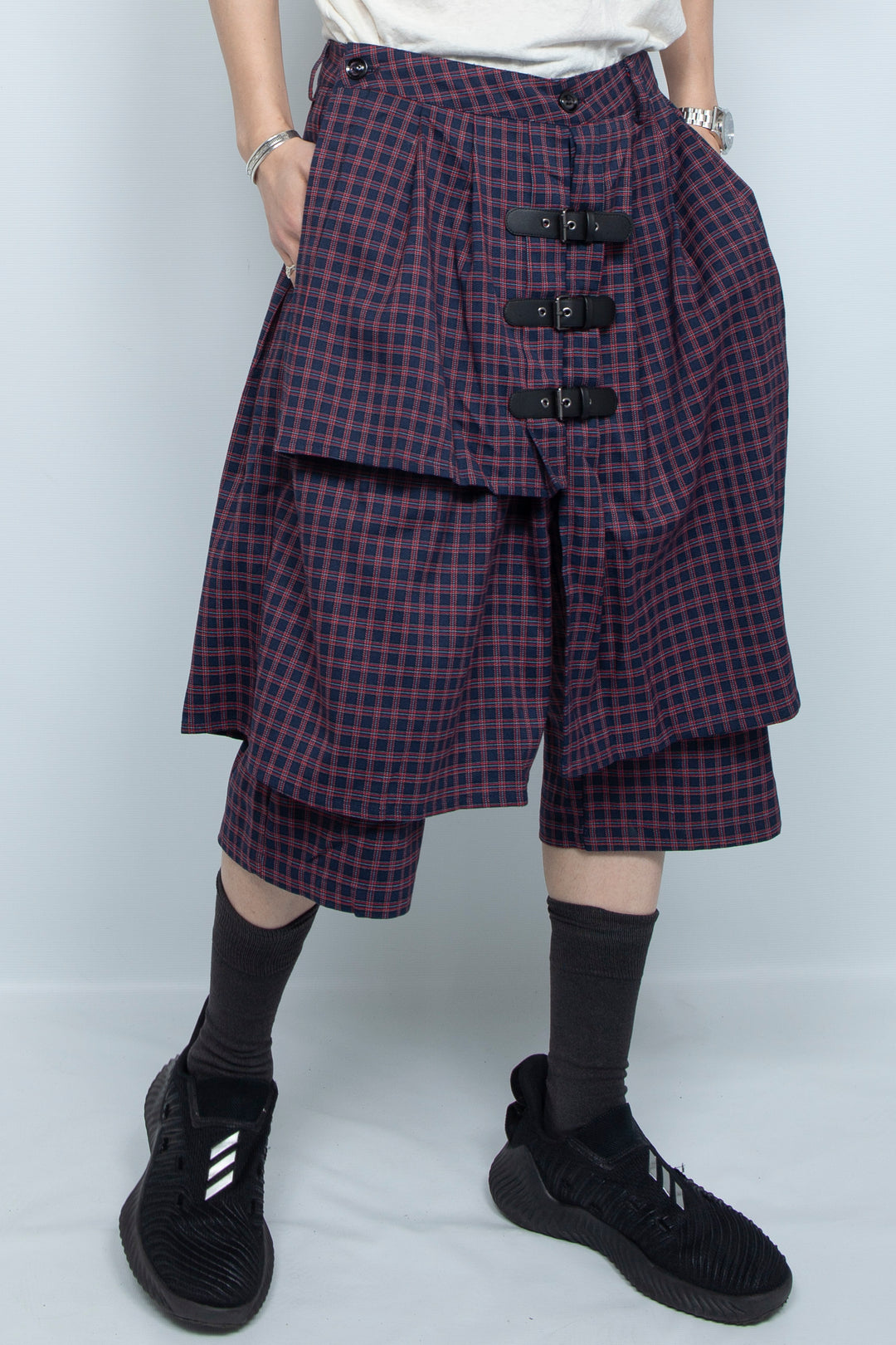 Checkered multi-layer buttoned skirt pants