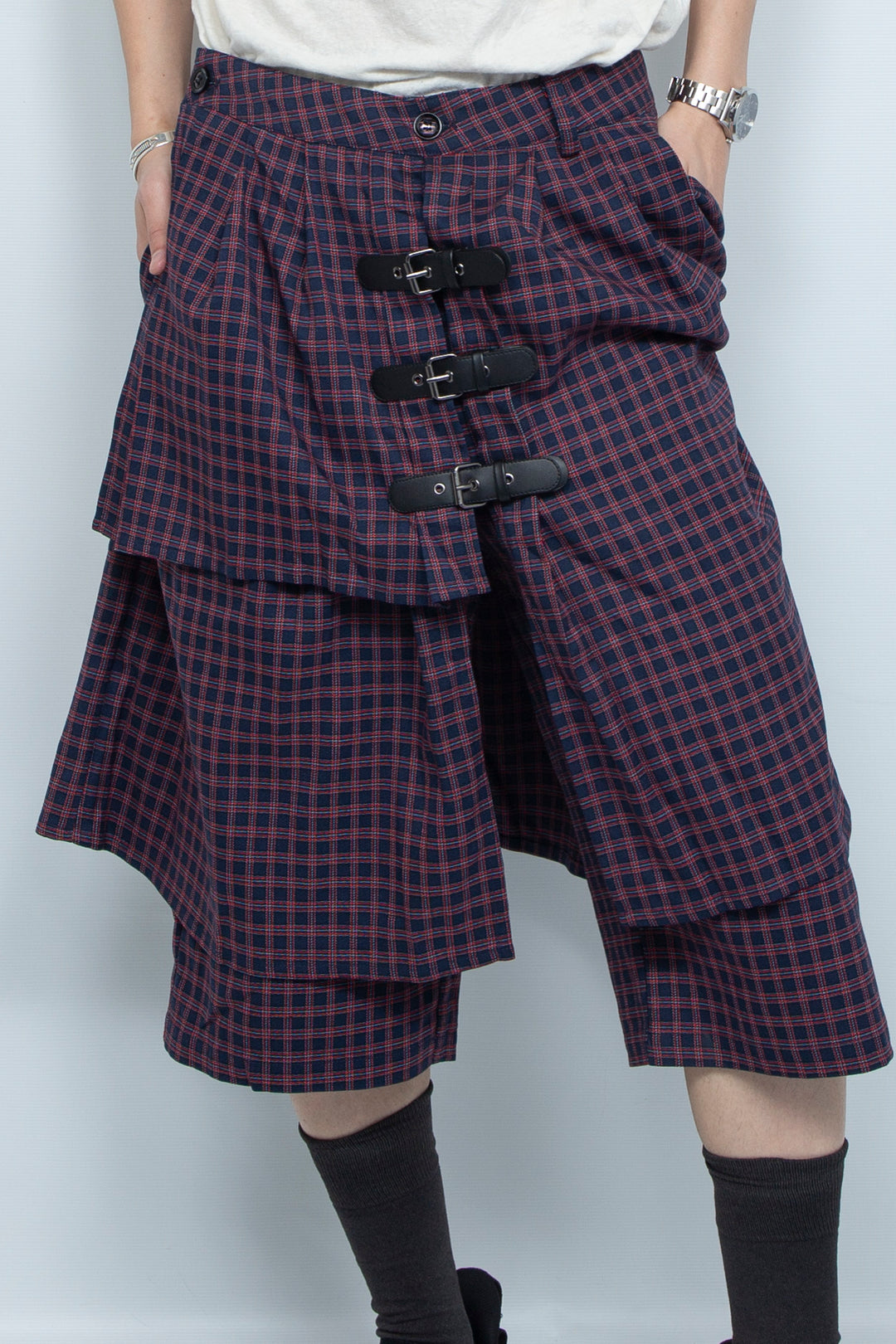 Checkered multi-layer buttoned skirt pants