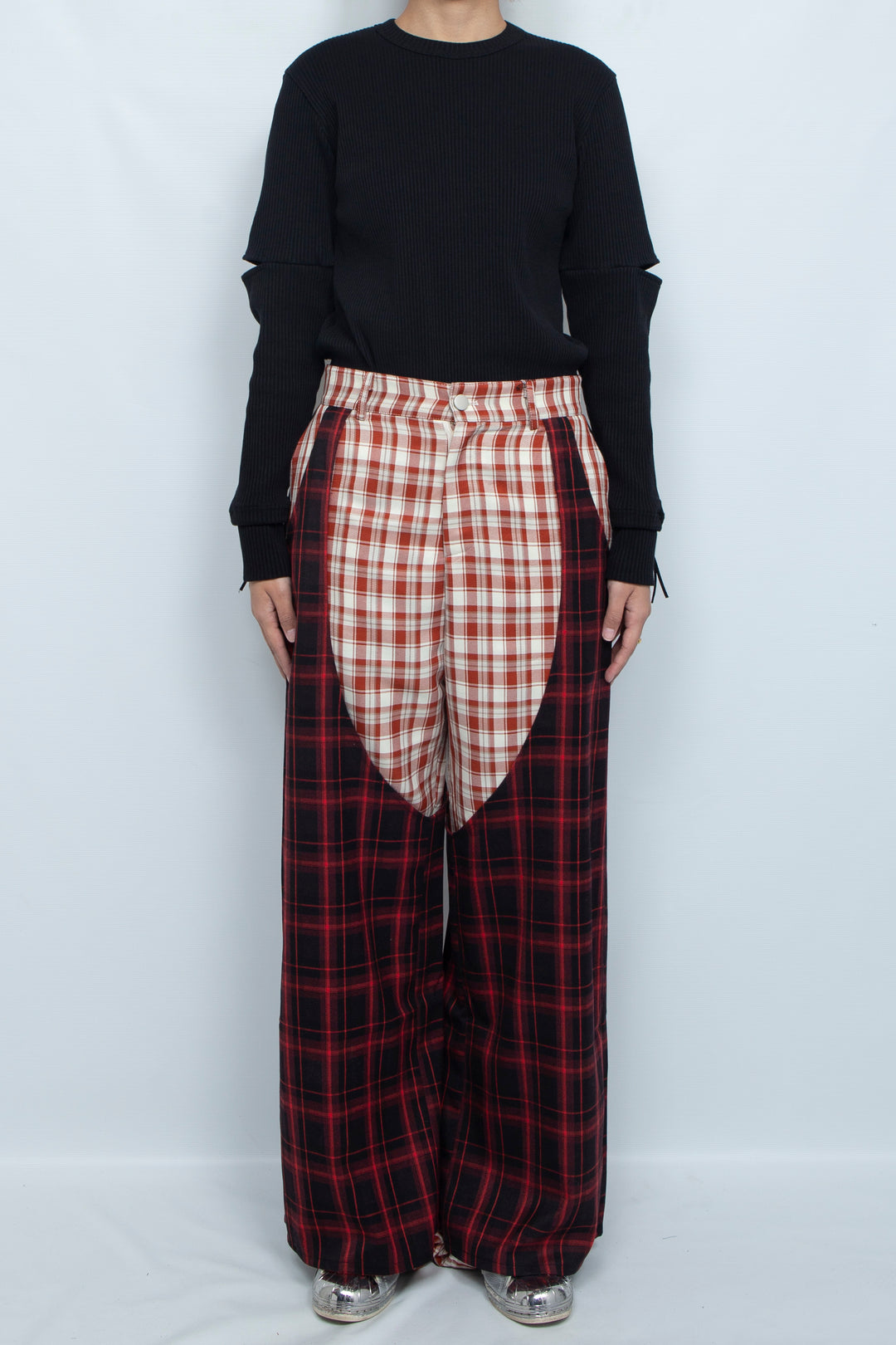 Double layered cross checkered pants