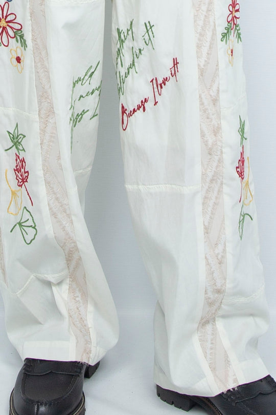 "DIEGO” Embroidered Patchwork Easy Pants IVORY