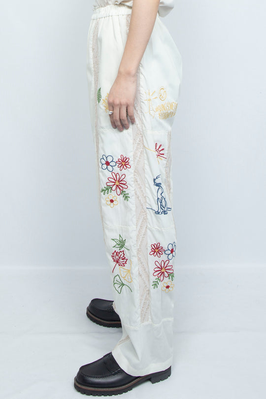 "DIEGO” Embroidered Patchwork Easy Pants IVORY