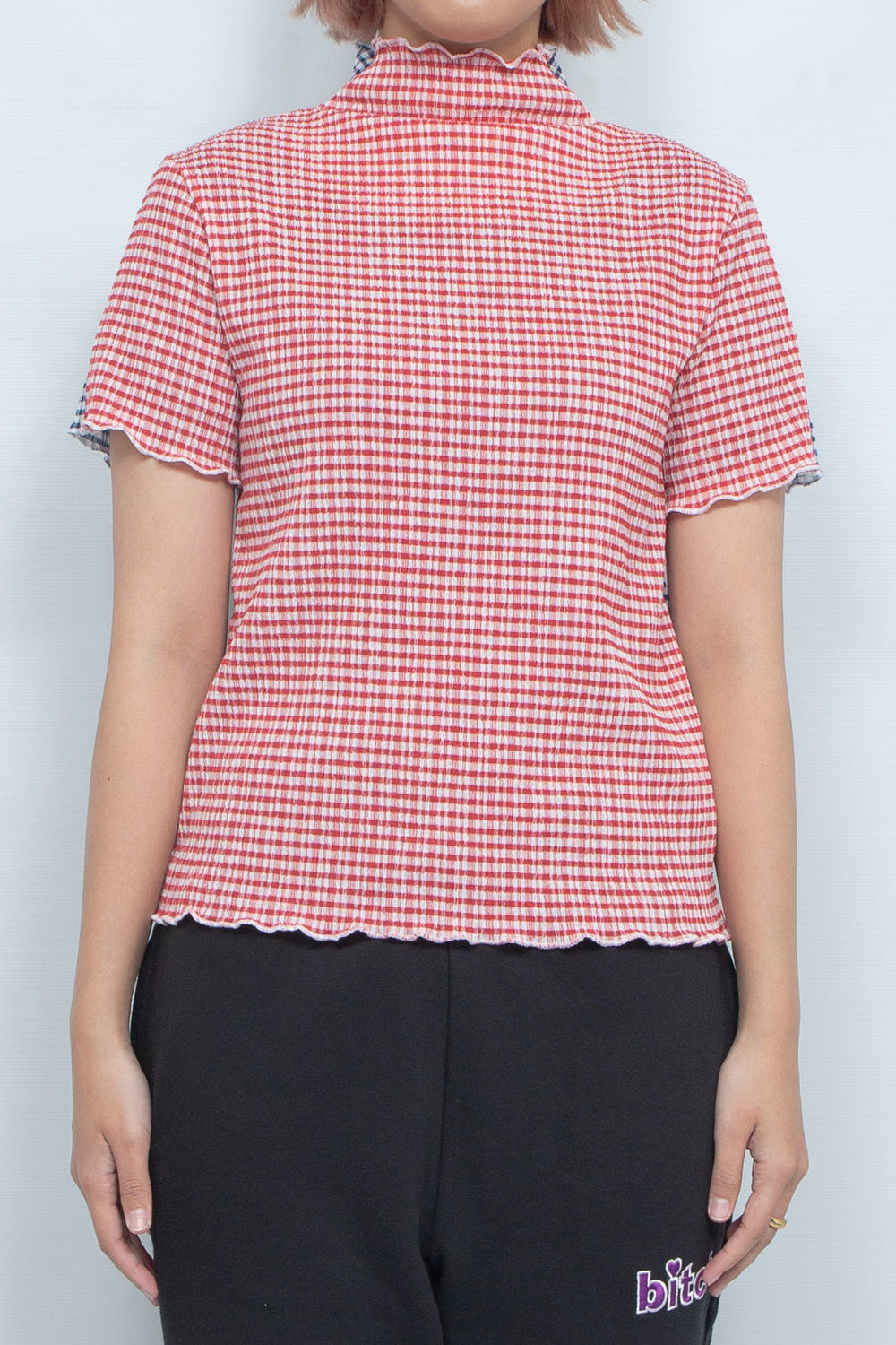 Gingham check 2way  tops Red Navy