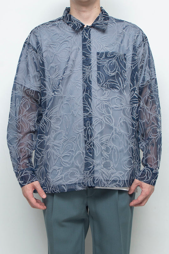 "MERCED" Sheer Through Long Sleeve Shirts NAVY