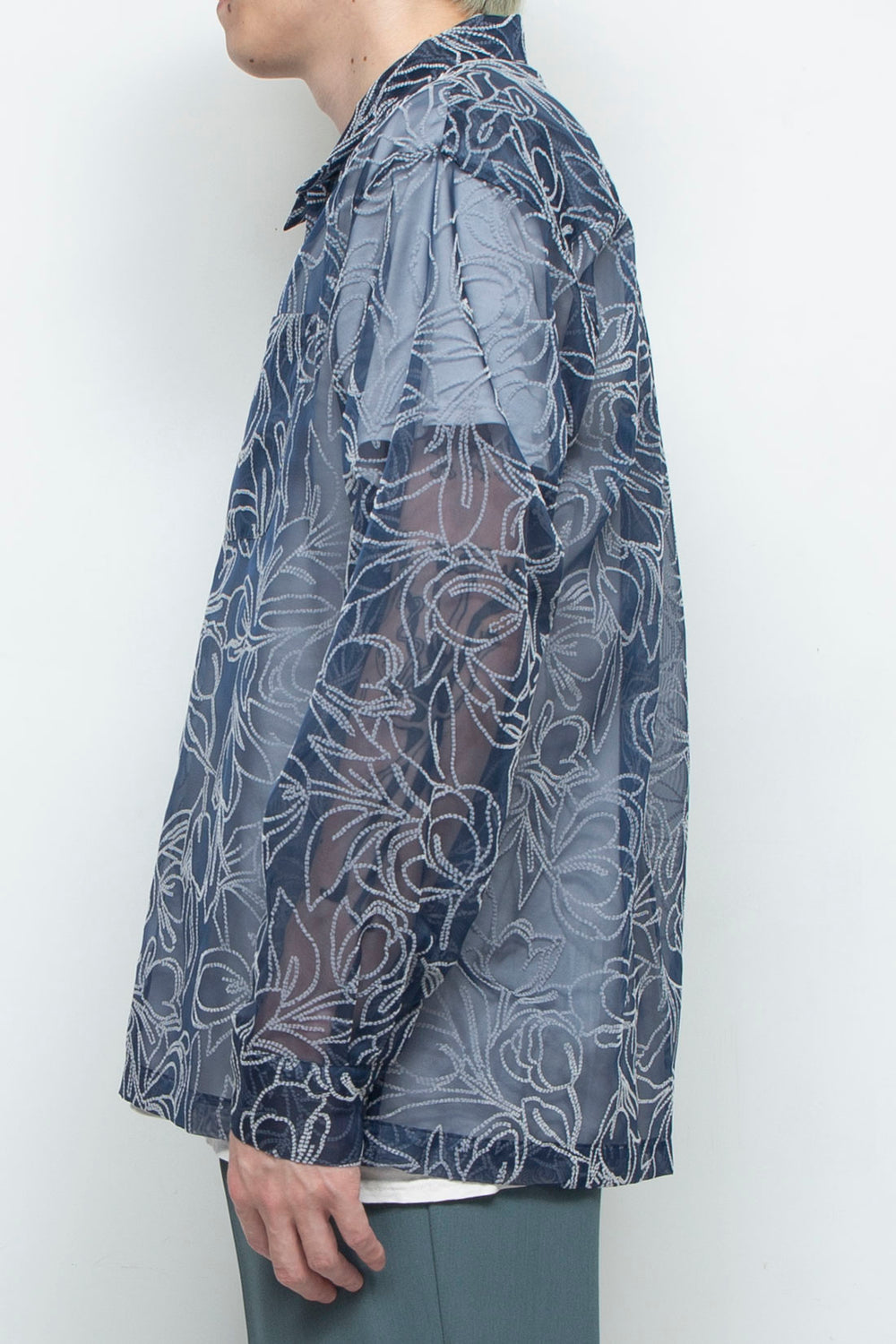 "MERCED" Sheer Through Long Sleeve Shirts NAVY