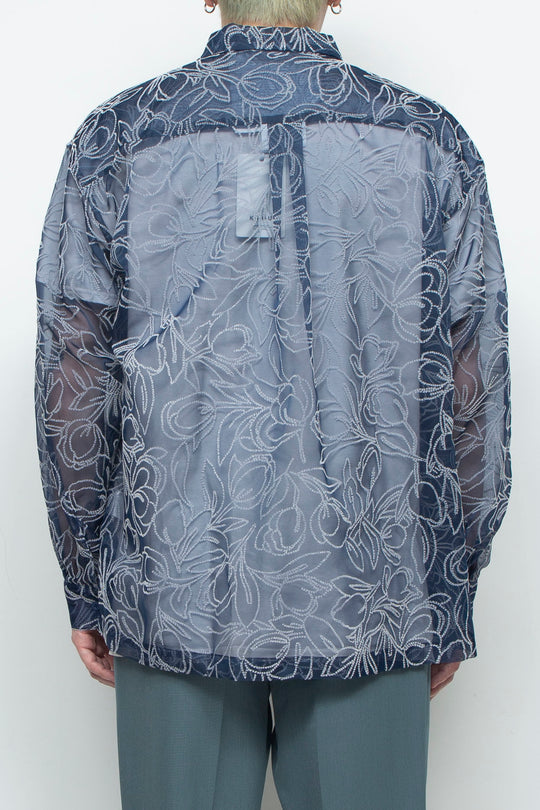"MERCED" Sheer Through Long Sleeve Shirts NAVY