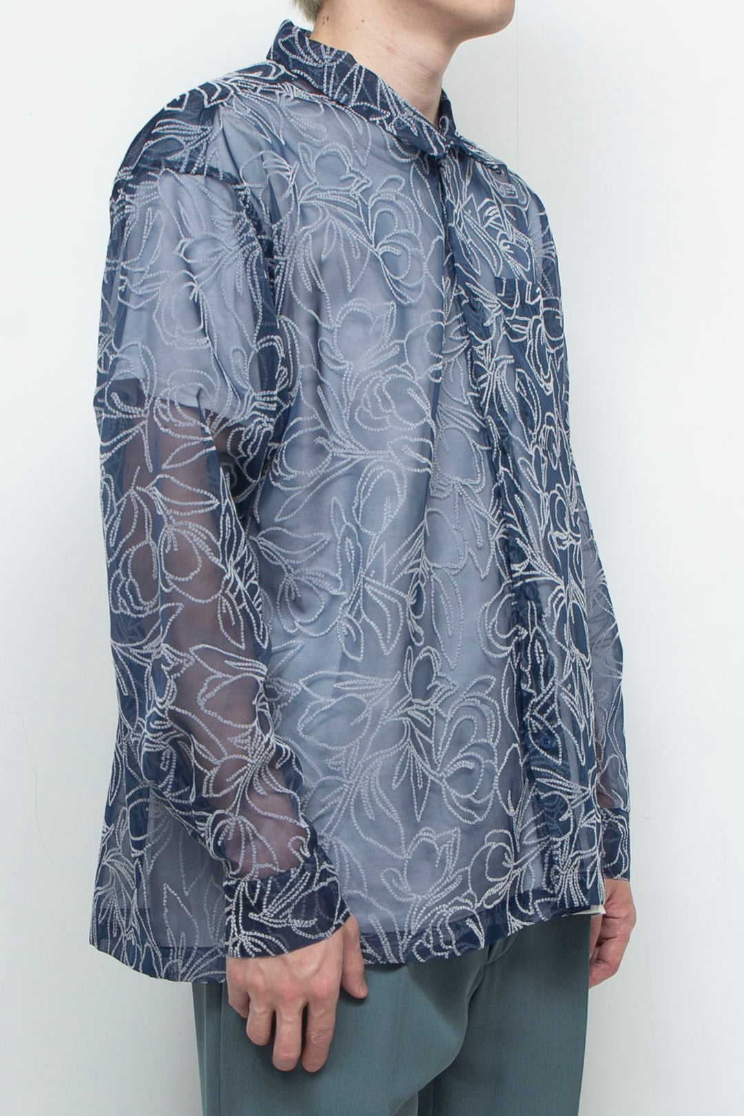 "MERCED" Sheer Through Long Sleeve Shirts NAVY