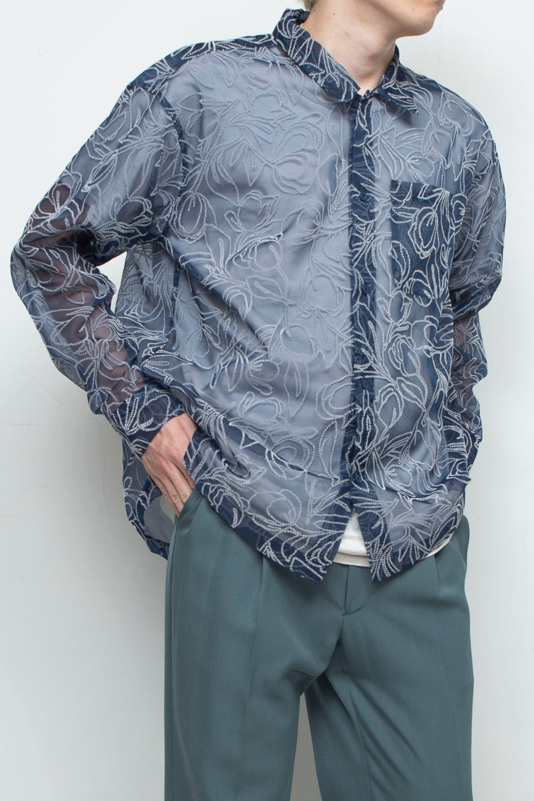 "MERCED" Sheer Through Long Sleeve Shirts NAVY