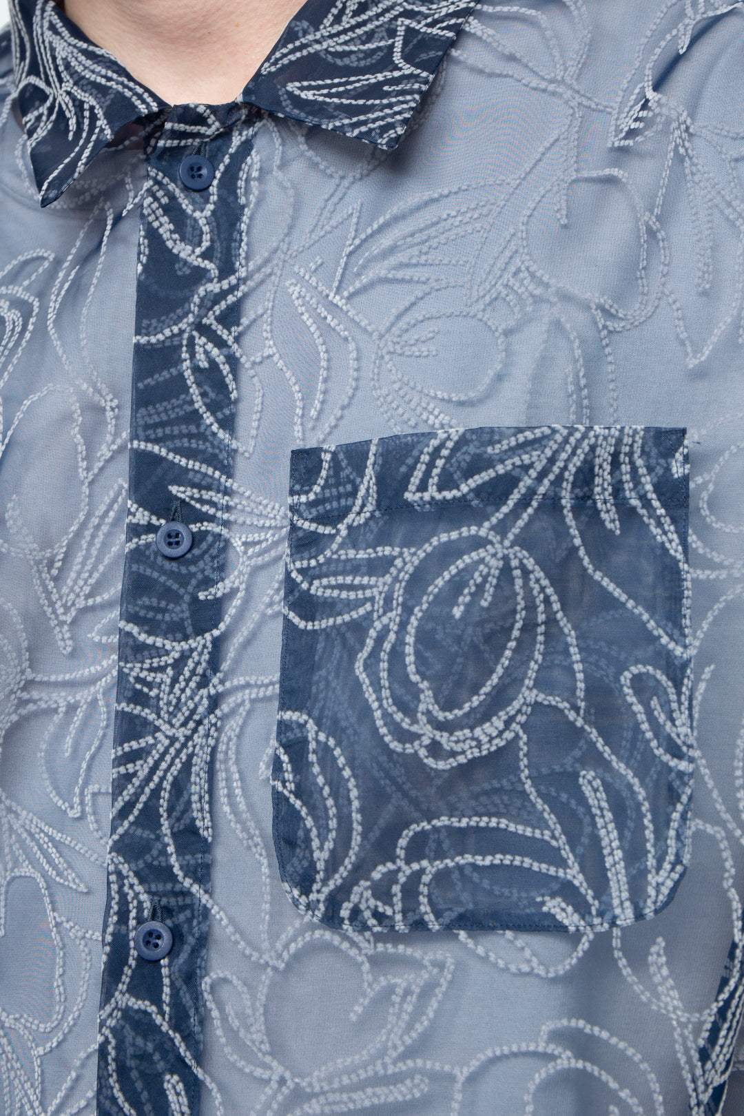 "MERCED" Sheer Through Long Sleeve Shirts NAVY