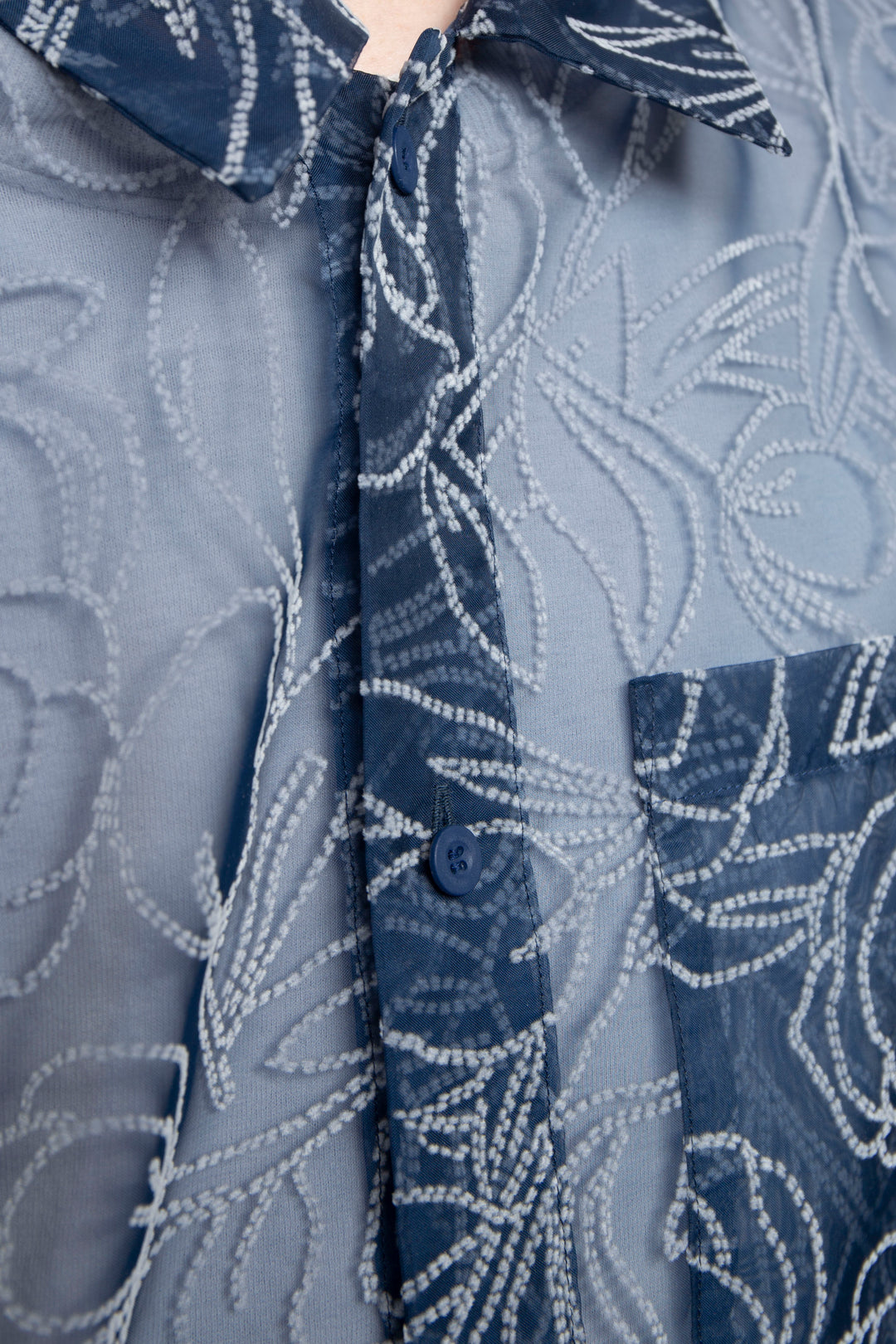 "MERCED" Sheer Through Long Sleeve Shirts NAVY