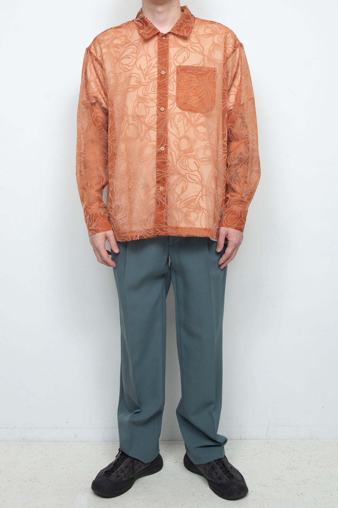 "MERCED" Sheer Through Long Sleeve Shirts ORANGE