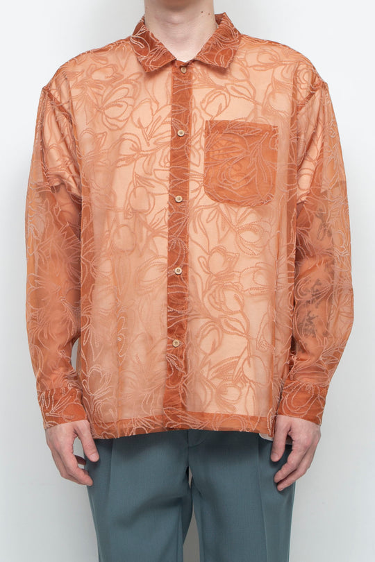 "MERCED" Sheer Through Long Sleeve Shirts ORANGE