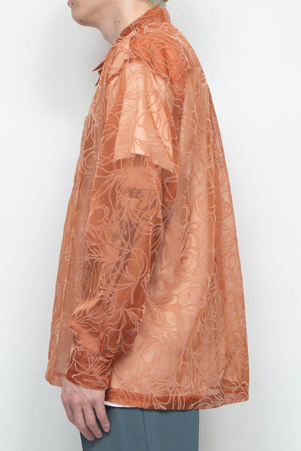 "MERCED" Sheer Through Long Sleeve Shirts ORANGE
