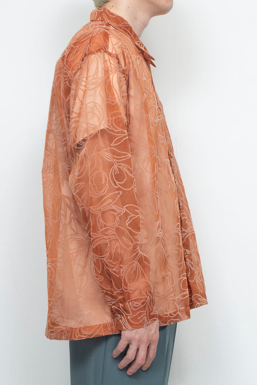 "MERCED" Sheer Through Long Sleeve Shirts ORANGE