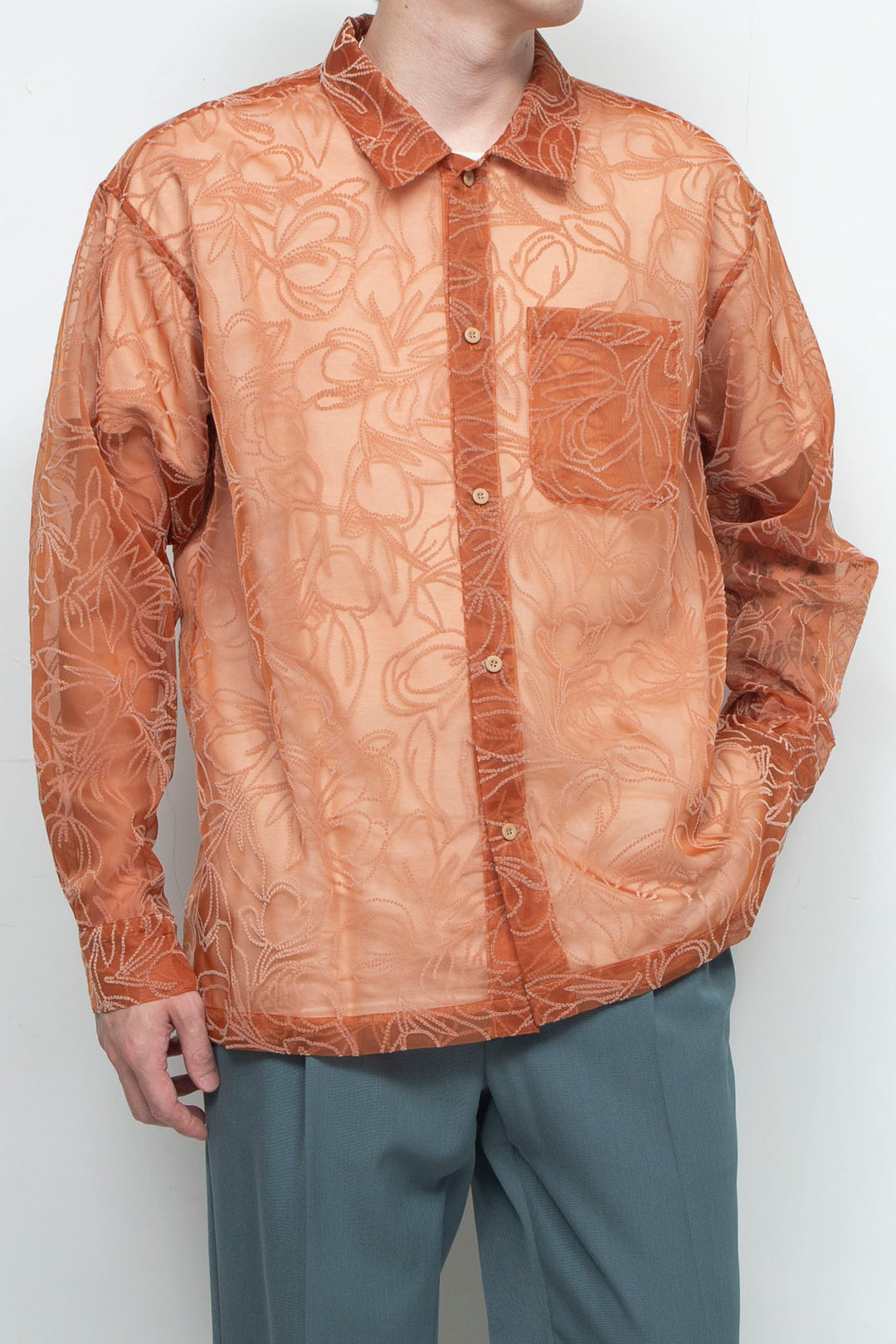 "MERCED" Sheer Through Long Sleeve Shirts ORANGE