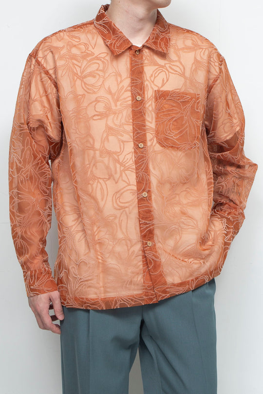 "MERCED" Sheer Through Long Sleeve Shirts ORANGE