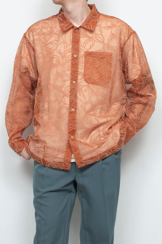 "MERCED" Sheer Through Long Sleeve Shirts ORANGE