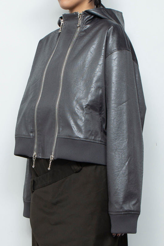 Double Lamian Noodles Hooded Leather Jacket