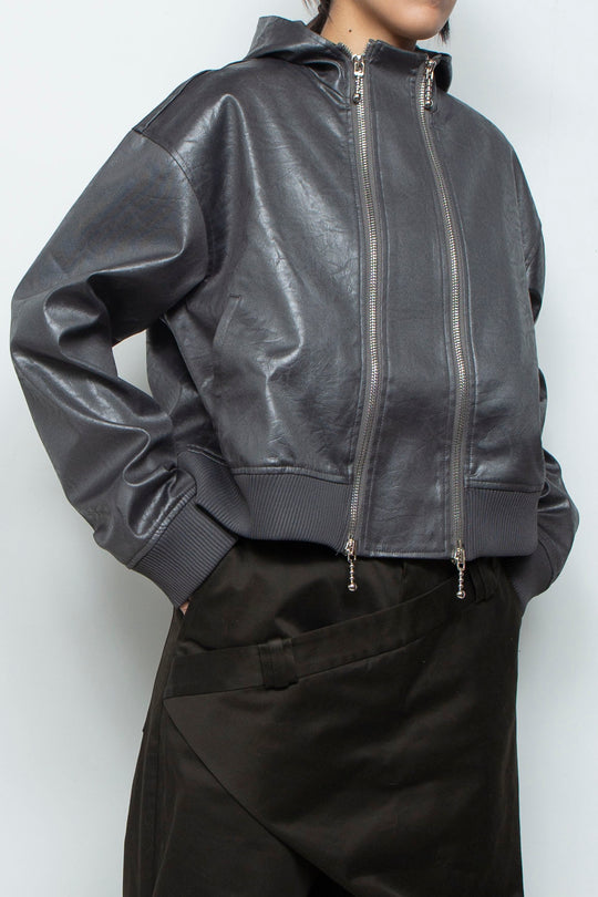 Double Lamian Noodles Hooded Leather Jacket