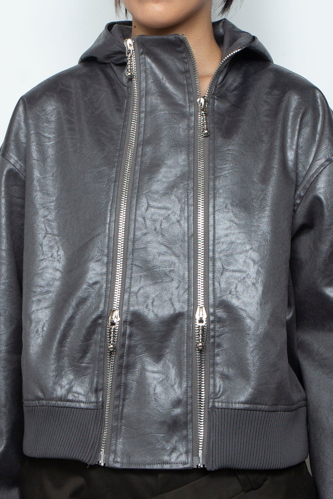 Double Lamian Noodles Hooded Leather Jacket