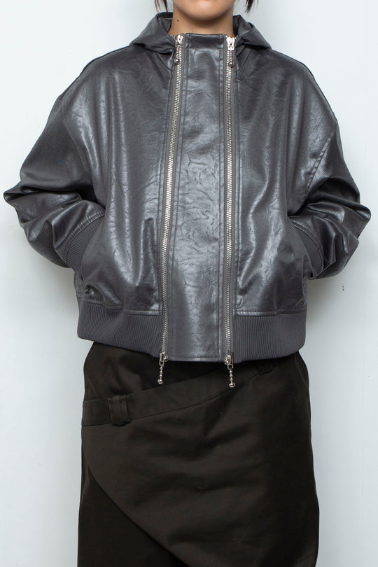 Double Lamian Noodles Hooded Leather Jacket