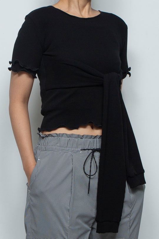 Random Rib Bra Sleeve Top Black