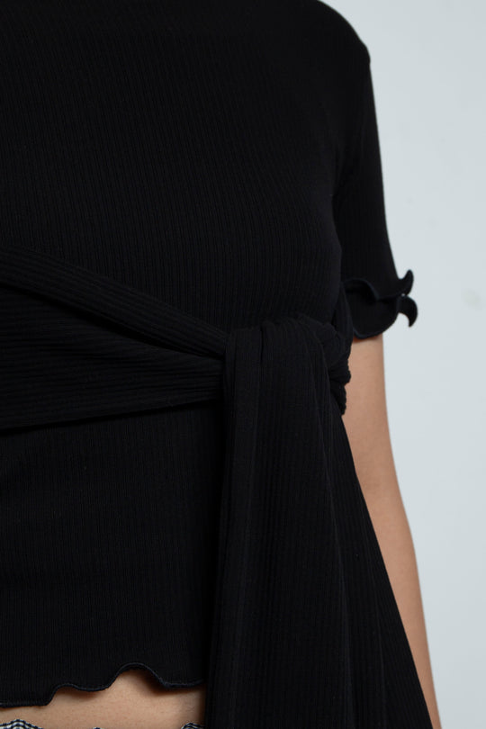 Random Rib Bra Sleeve Top Black