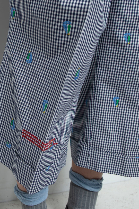 CUT JACQUARD GINGHAM MOST WIDE SLACKS Navy