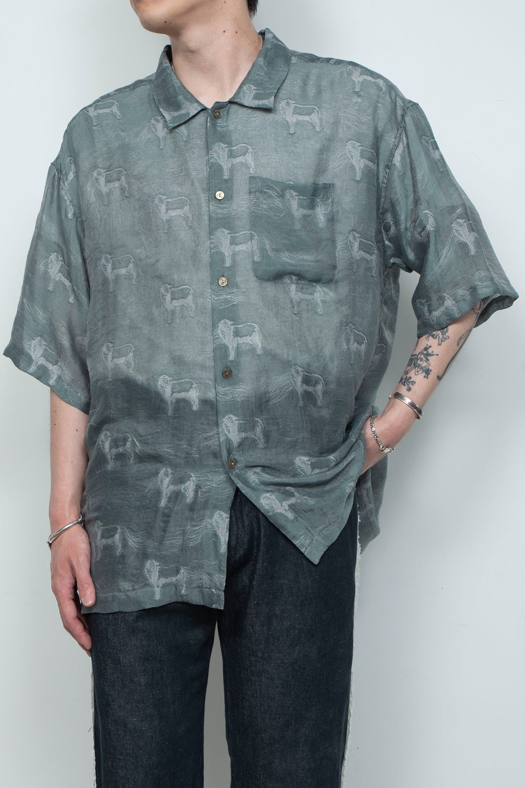 "MERCED" Modified Lambscape Jaqurd Shirt SAGE GREEN