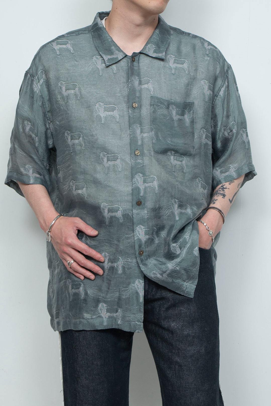 "MERCED" Modified Lambscape Jaqurd Shirt SAGE GREEN