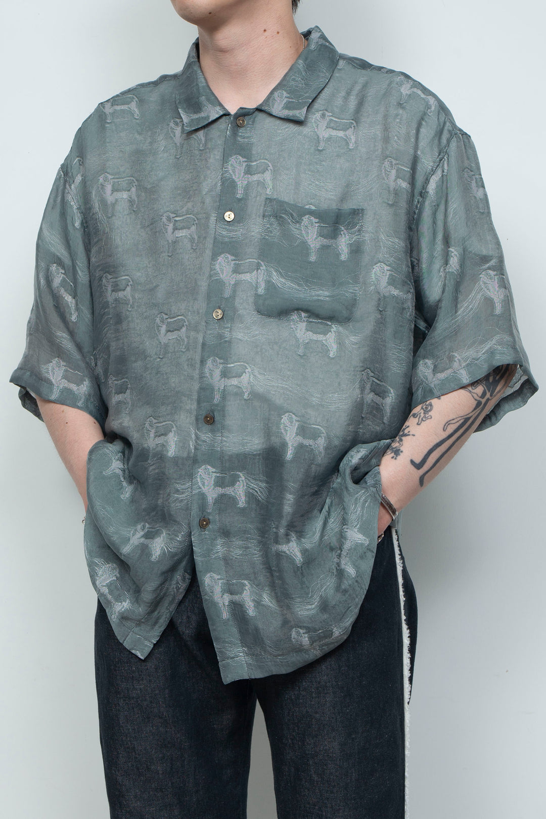 "MERCED" Modified Lambscape Jaqurd Shirt SAGE GREEN