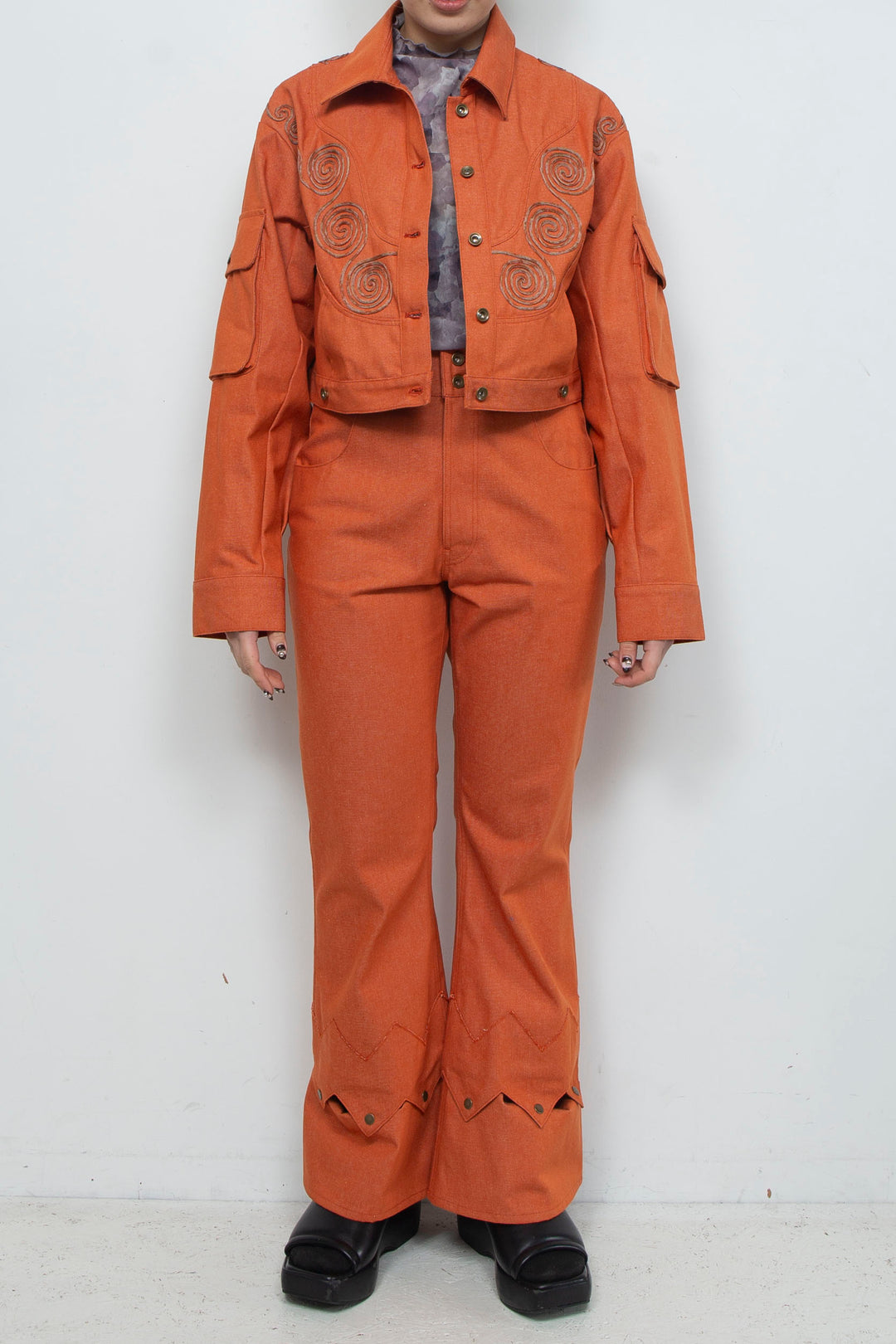 Goldfish Embroidered Denim Jacket Orange