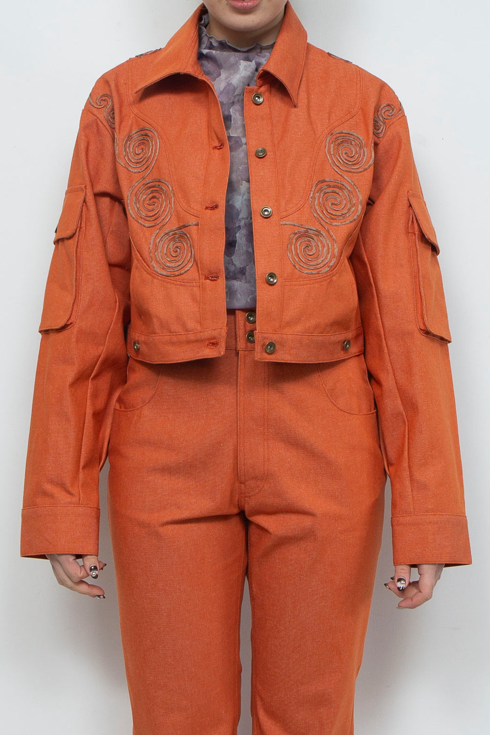 Goldfish Embroidered Denim Jacket Orange