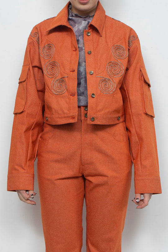 Goldfish Embroidered Denim Jacket Orange
