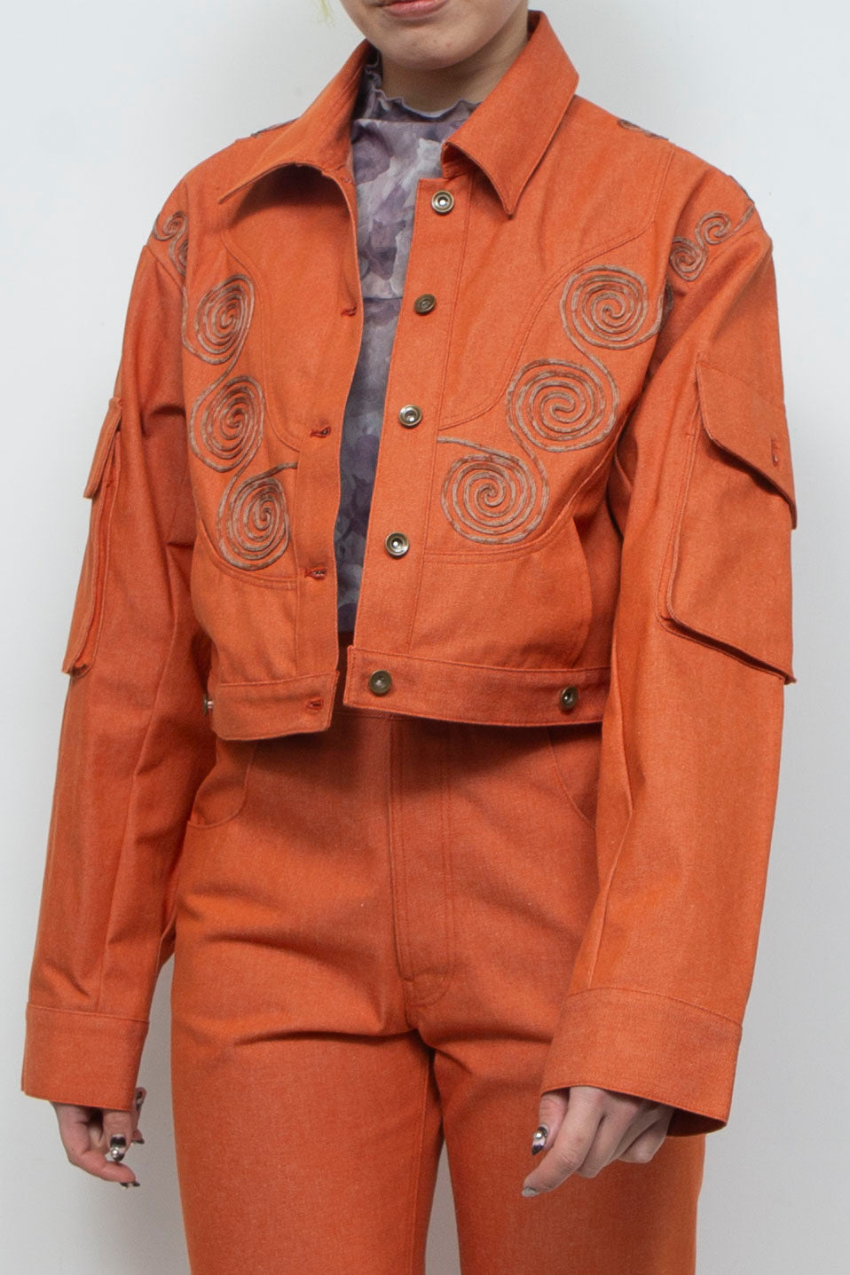 Goldfish Embroidered Denim Jacket Orange