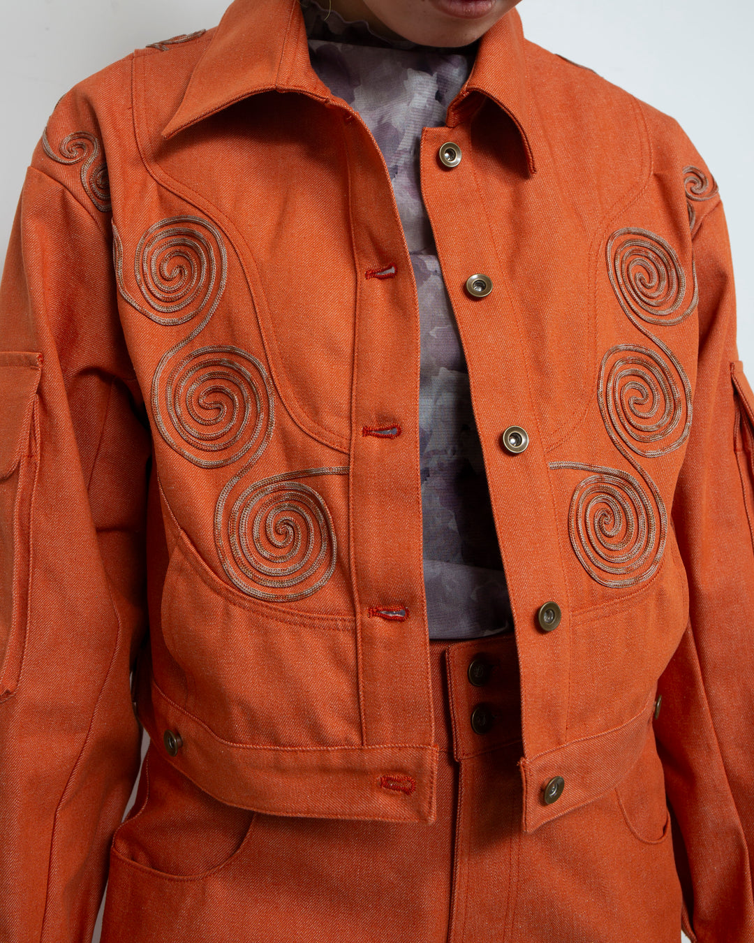 Goldfish Embroidered Denim Jacket Orange