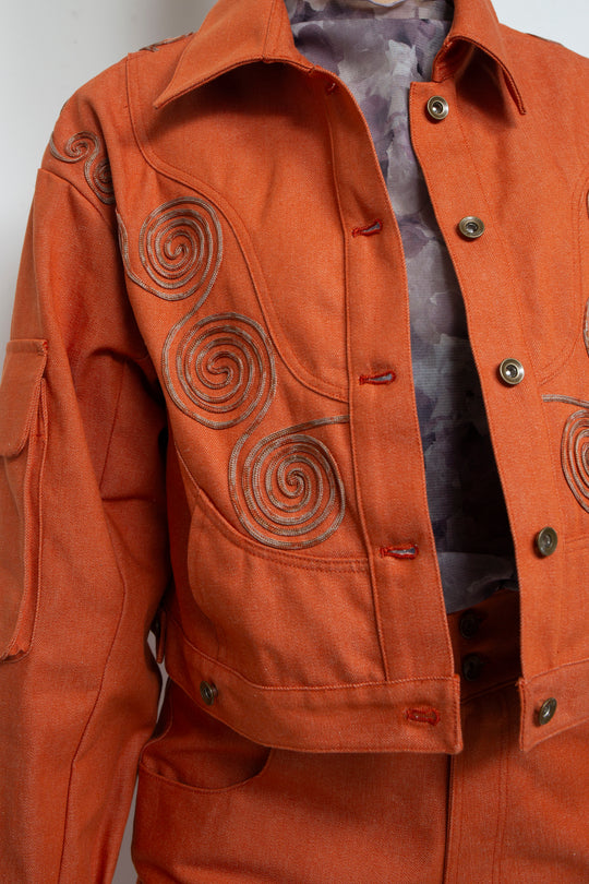 Goldfish Embroidered Denim Jacket Orange