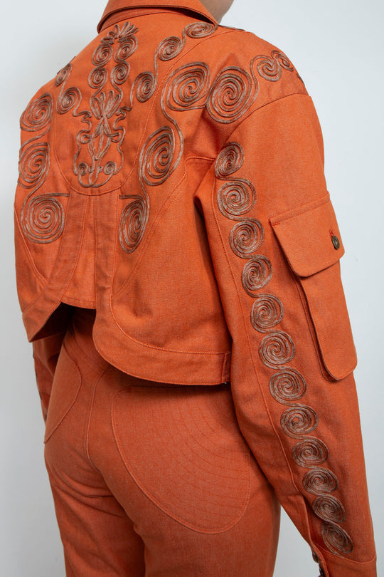 Goldfish Embroidered Denim Jacket Orange