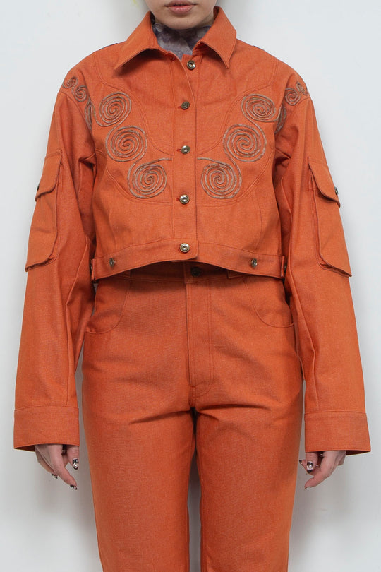 Goldfish Embroidered Denim Jacket Orange