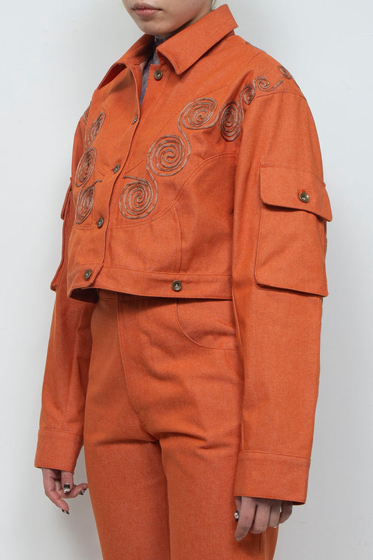 Goldfish Embroidered Denim Jacket Orange