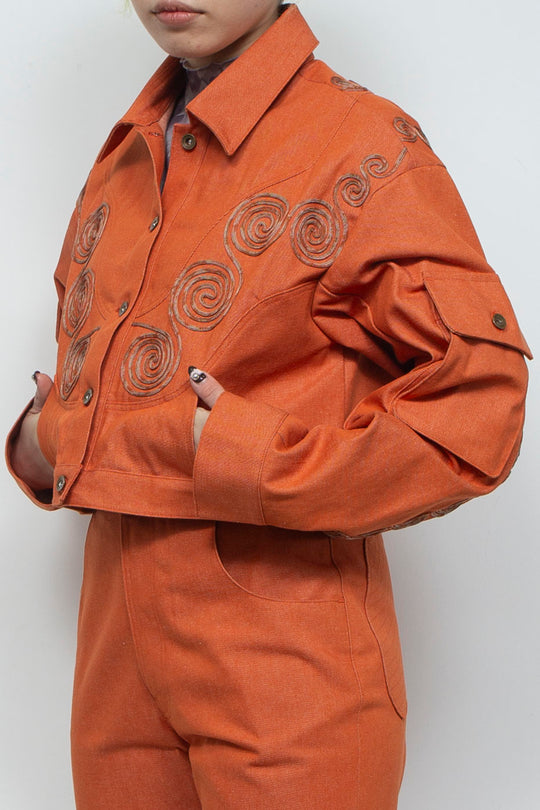 Goldfish Embroidered Denim Jacket Orange