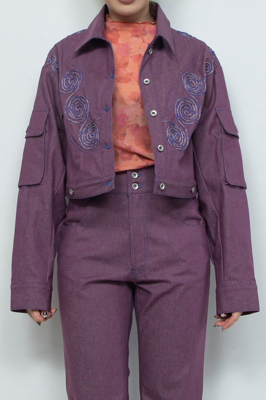 Goldfish Embroidered Denim Jacket Purple