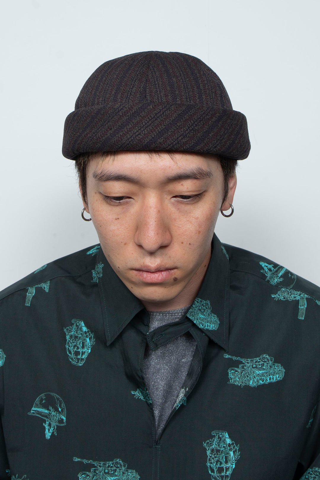 Dobby Stripe Roll Cap Charcoal Gray