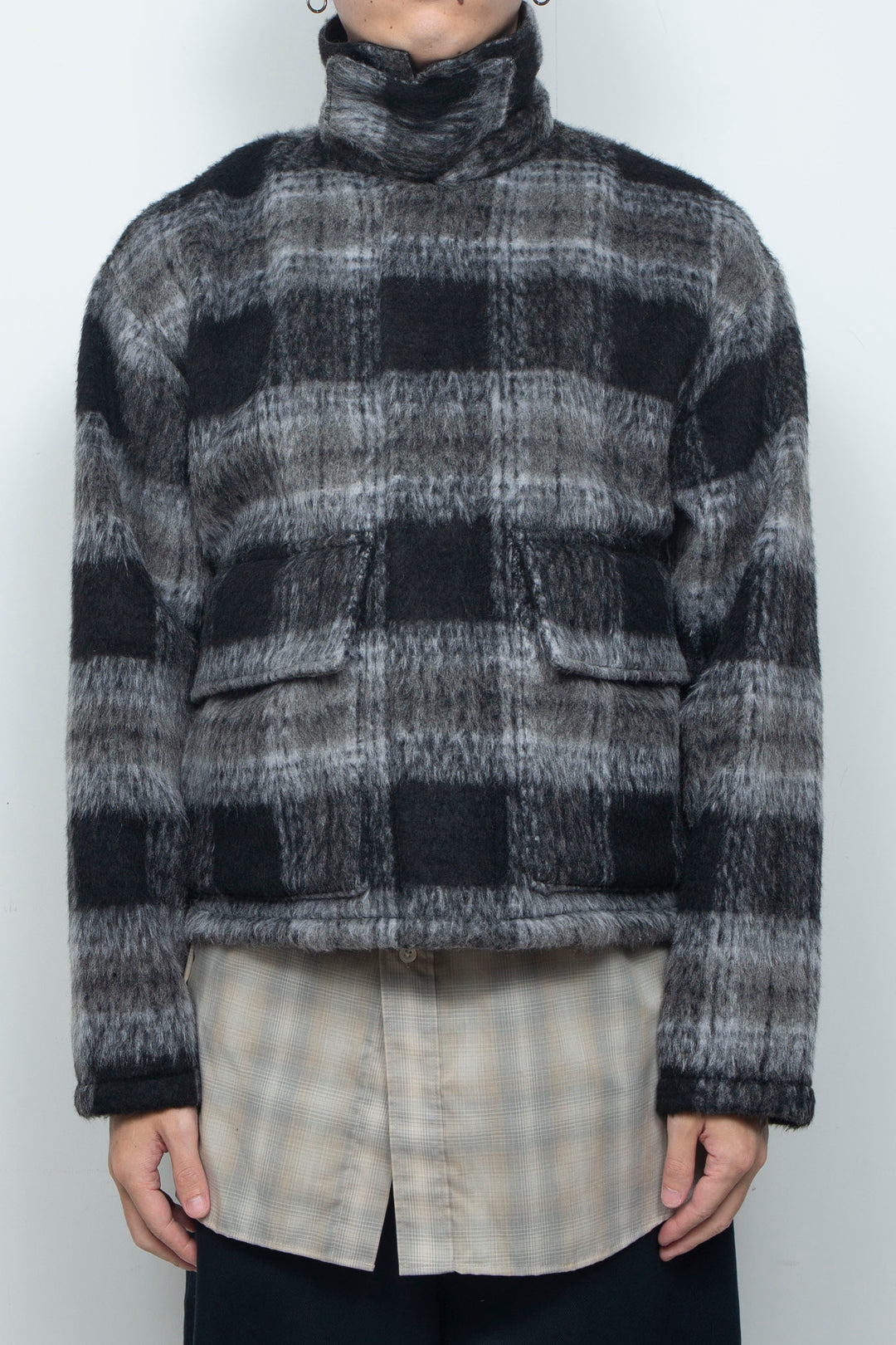 Shaggy Wool Check Ventilation Short Blouson BLACK