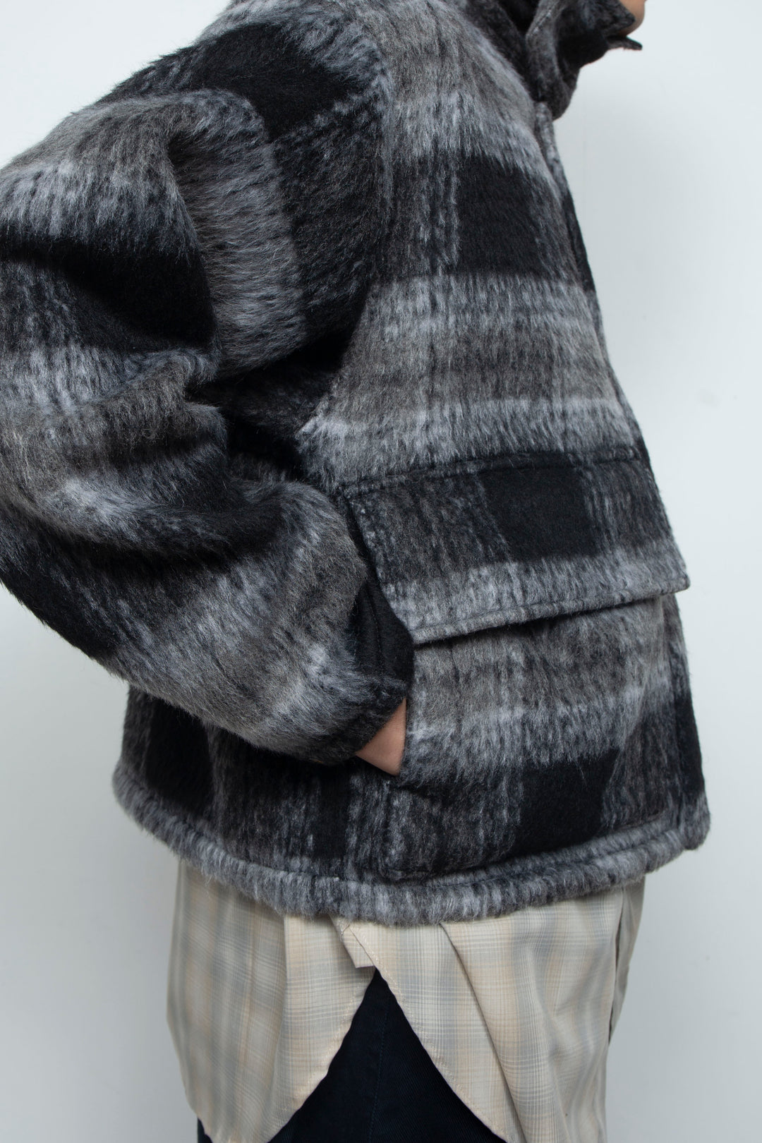 Shaggy Wool Check Ventilation Short Blouson BLACK
